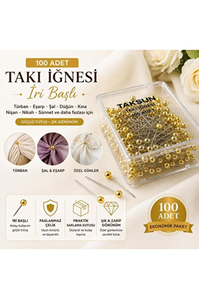 DİĞER1111 100 Adet İri Başlı Takı İğnesi Türban Eşarp Şal Düğün Kına Nişan Ni...