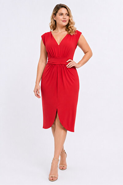 Şans Women's Plus Size Red, V-Neck, Front Slit Skirt, Padded Light Low Sleeve...