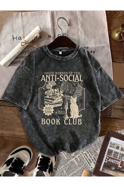 Ryam Mooda Vintage Washed Anthracite Gothic Spider Print Unisex Wide Fit Over...