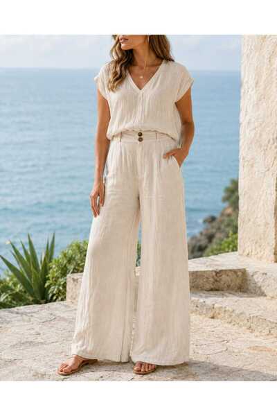 Butik Şans Women's Button Detailed Pocketed Wide Leg Summer Cotton Trousers