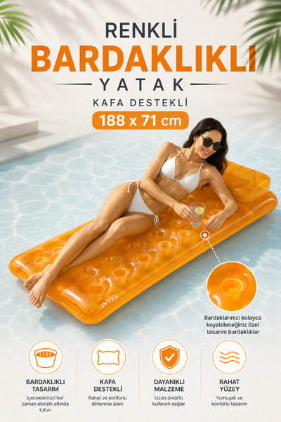 NeoThings Bardaklıklı Şişme Deniz Yatağı 188x71 cm Kafa Destekli Havuz Deniz ...