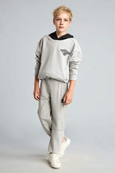 DeFacto 2-Piece Hooded Long Sleeve Printed Light Gray Set for Boys G6174A826Au
