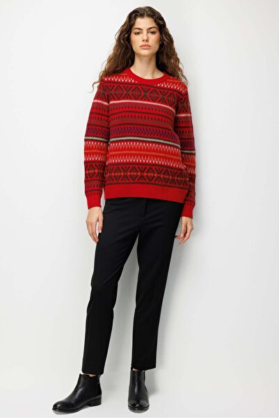 Desen Triko Women's Crew Neck Kilim Patterned Jacquard Wool Sweater O.Red