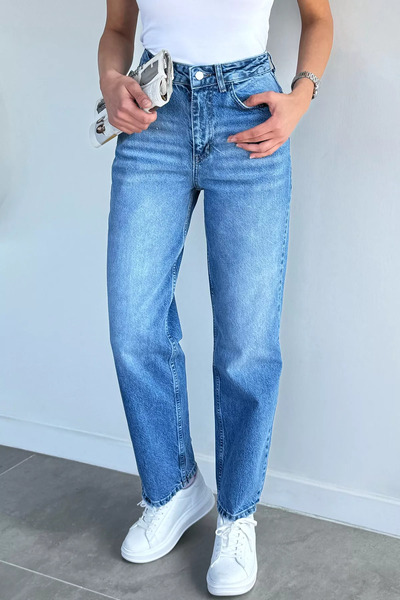 Aryena Blue Women's High Waist Wide Leg Palazzo Jean Denim Trousers