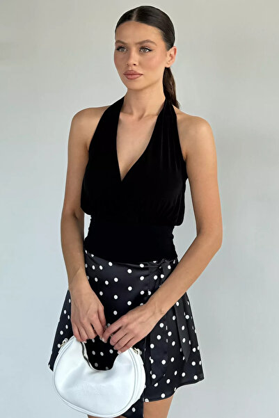 Aryena Black Women's Double Breasted Collared Gathered Blouse