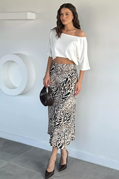 Aryena Beige Women's Patterned Satin Skirt with Elastic Waist