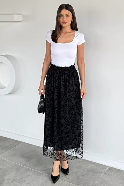 Aryena Black Women's Flocked Printed Lined Skirt (Fits 38-40-42-44)