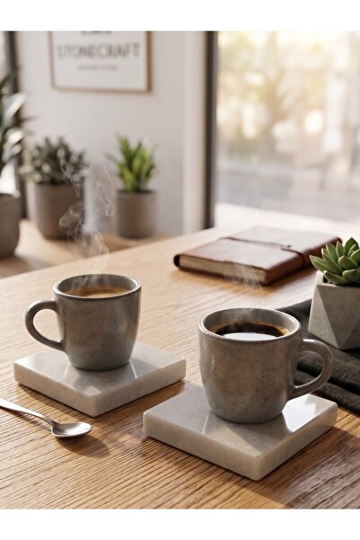 FARALYAHOME 2'li Lüks Doğal Beyaz Mermer Bardak Altlığı 10x10 cm, El Yapımı Kupa Altlık