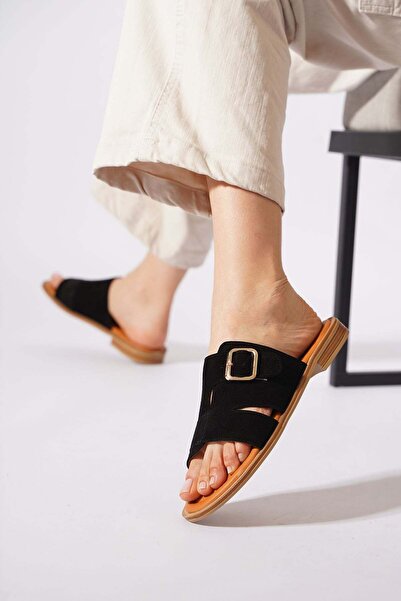 Moda Pie Kenlor Side Buckle Open Women's Genuine Leather Slippers Black Suede
