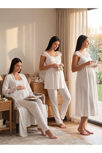 Lohusa Homewear Yeni Sezon Ekru Geniş Askılı Düğmeli Tasarım Dantel Detaylı %...