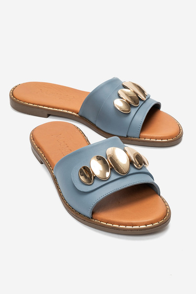 MANCORIGO Genuine Leather Women's Blue Fog Buckle Slippers Simple