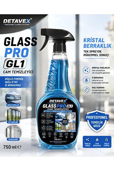 detavex GlassPro GL1 Cam Temizleyici 750 ml Sprey - İz Bırakmayan Kristal Par...