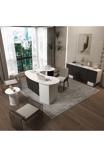 klubeconcept Klube Concept Özel Tasarım Modern Beyaz Antrasit Ofis Takımı L M...