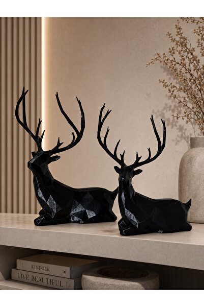 Black Decorative Seated Deer Trinket 2-Piece Set Home Office Shelf Ornament Gift 22-20cm
