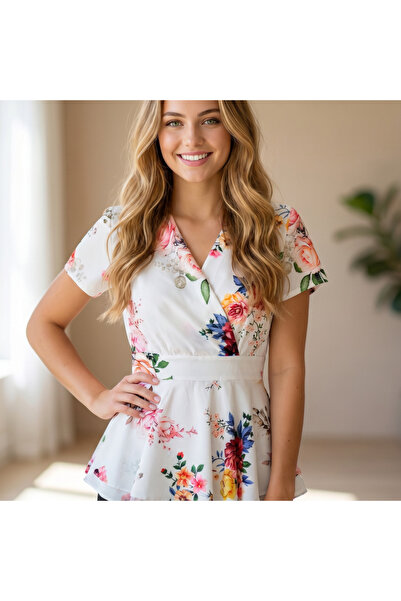 OEM Bluză elegantă de damă cu imprimeu floral și croială peplum, A-07