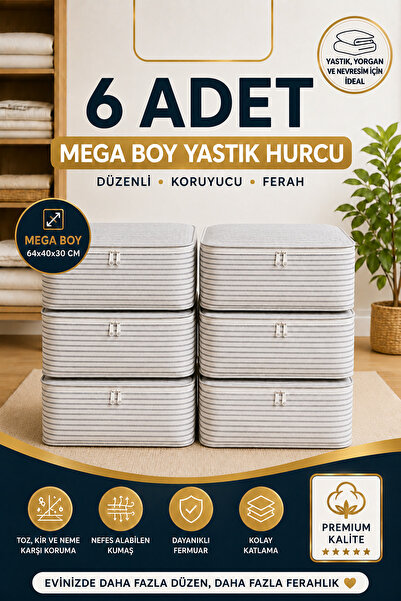 Ferzin 6 Adet - Antrasit Çizgili Büyük Boy Hurç Seti - Baza Altı Ve Çekyat Tipi Organizer - 64 x 40 x 30 Cm