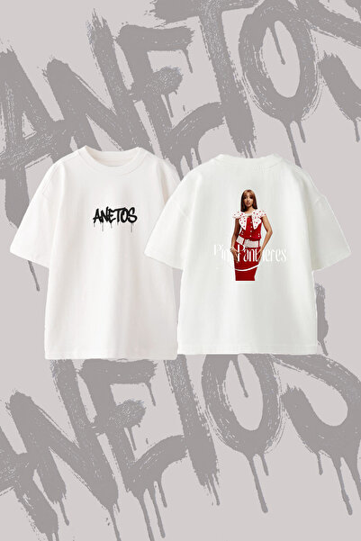Anetos Polka Dot Bowknot Women's Design Printed Oversize Crew Neck T-Shirt White