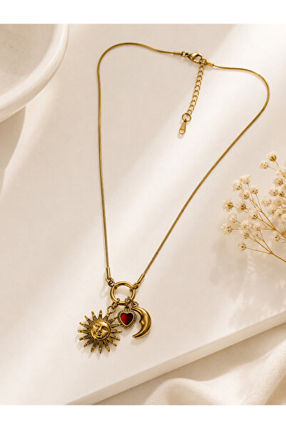 Archhazel Jewelery Sun Moon Heart Charm Necklace Steel Gold