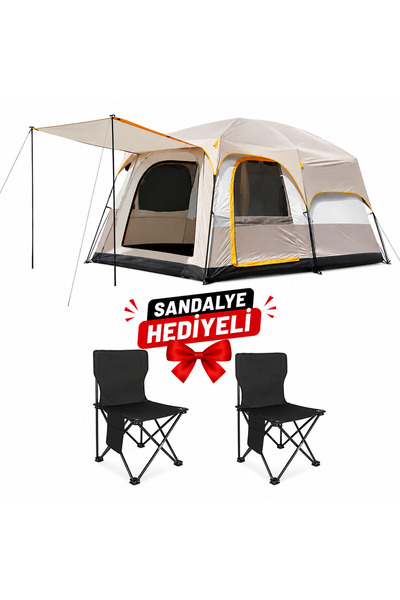 electroawm Aile Boyu Büyük Kamp Çadırı (2 Oda 1 Salon) + 2 Kamp Sandalyesi He...