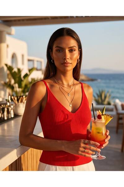 Trend Kapında Summer Thin Strap V-Neck Knitwear Blouse