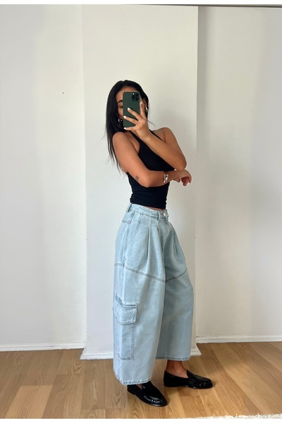 RMWEARCO سراويل بالون واسعة الساق بلون أزرق صحراوي