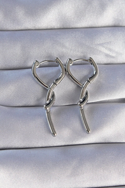 ARMÜZ Brass Silver Color Spiral Bar Design Long Earrings