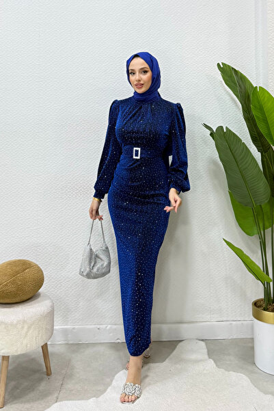 MODA ELİRA Simli Jakar Kemer Tokalı Tesettür Abiye Elbise