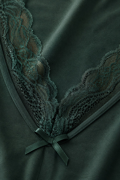 ESLEMCE Bamboo Viscose Fabric V Lace Collar Detailed Flared Dress