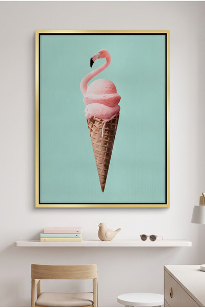 Jasmine Art Flamingo Ice Cream Cone Kids Wall Art | Portrait Framed Canvas Pr...