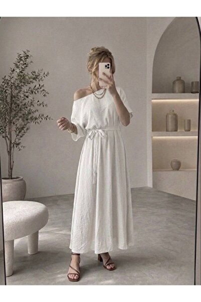 sumoda Women's Linen Pocket Belted Short Sleeve Summer Dress