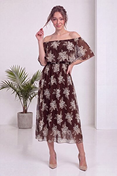 zks grup tekstil Women's Madonna Collar Floral Patterned Midi Length Chiffon ...