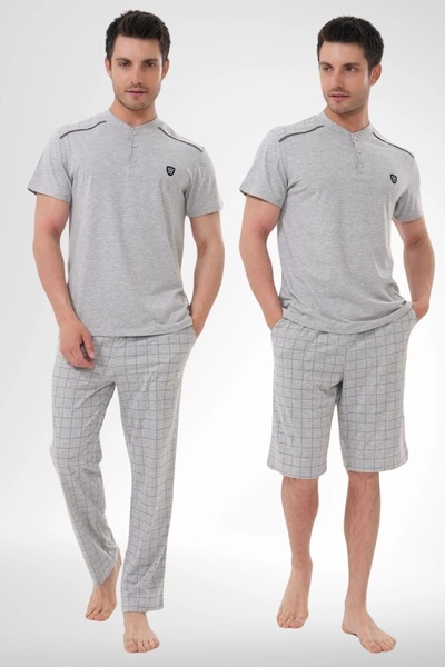 Mecit Pijama طقم بيجامة رجالي منقوش من ثلاث قطع مقاس كبير + شورت قصير الأكمام...