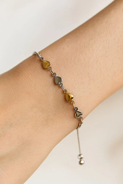 tesbihciniz Silver Color Heart Yellow White Chain Elevator Steel Bracelet