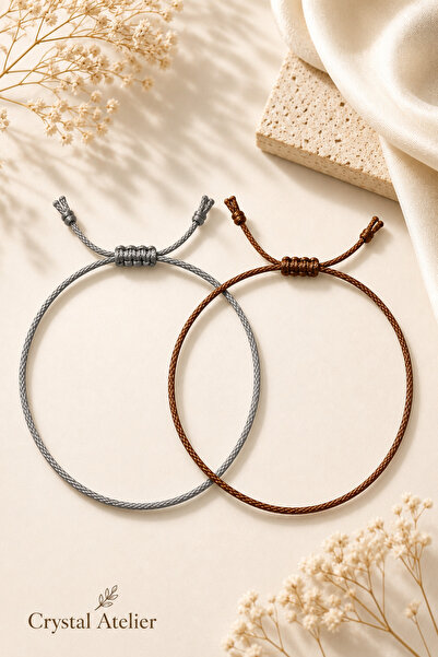 Crystal Atelier 2-Piece Gray Brown Adjustable String Couple Bracelet Unisex L...