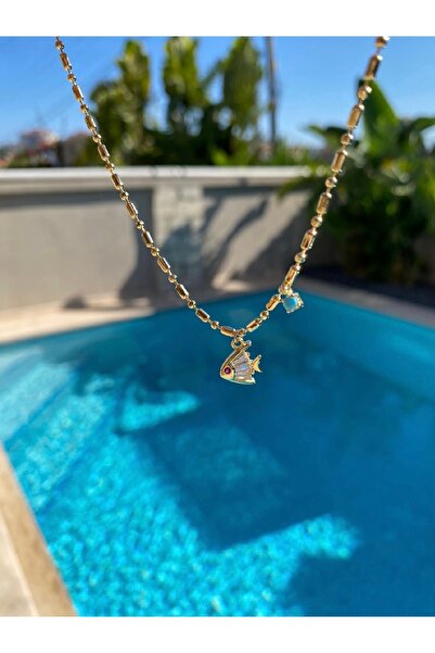 Bade Jewelry Fd Gold Stone Fish Detailed Anti-Tarnish Steel Stylish Anklet