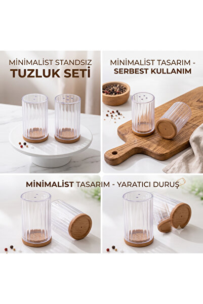 BuradaBuldun Set of 2 Salt Shakers with Wooden Lids - Transparent Plastic Spi...