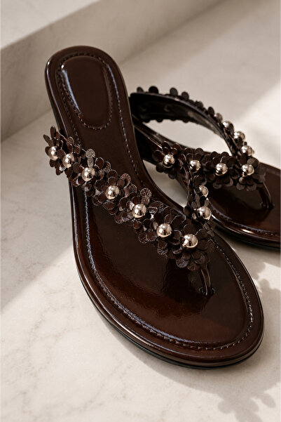 CİMİLİ SHOES Women's Flip-Flop Heeled Slippers with Rose and Pearl Ornaments ...