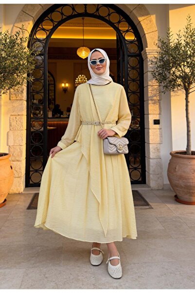 Aselim Hijap Moda Cotton Lined Belted Shawl Detailed Skirt Suit Yellow