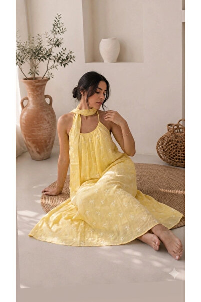 Myawomenswear Kadın Nakış İşlemeli Fularlı Askılı Elbise