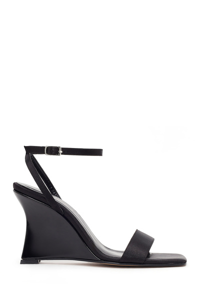 Derimod Women's Black Ankle Buckle High Wedge Heeled Satin Sandals 26Sfe39096F