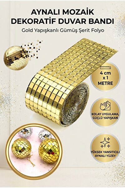 Genel Markalar Aynalı Mozaik Dekoratif Duvar Bandı 4 cm x 1 Metre Gold Yapışk...