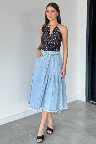 Aryena Blue Women's Pleated and Tasseled Jean Denim Skirt