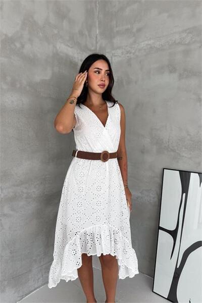 Neşeli Butik Rochie asimetrică albă de damă, cu curea și broderie festonată, ...