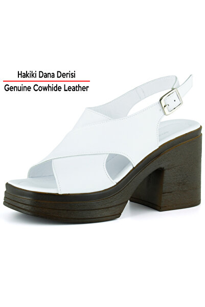 Erkan Saçmacı Nicole White Genuine Calfskin Cross-Strapped Thick Platform Heeled Sandals
