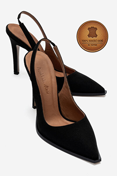 Ayakkabı Ateşi Genuine Leather Black Suede Pointed Toe Flat Sole Stiletto Hig...