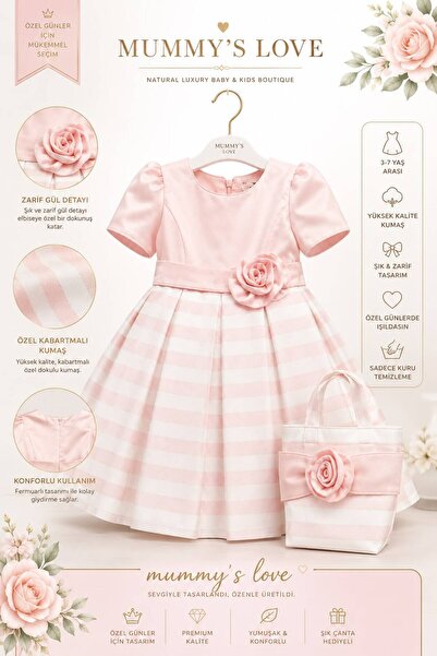 Pamina Girl's Special Occasion & Evening Dress and Rose Decorated Bag - Powder