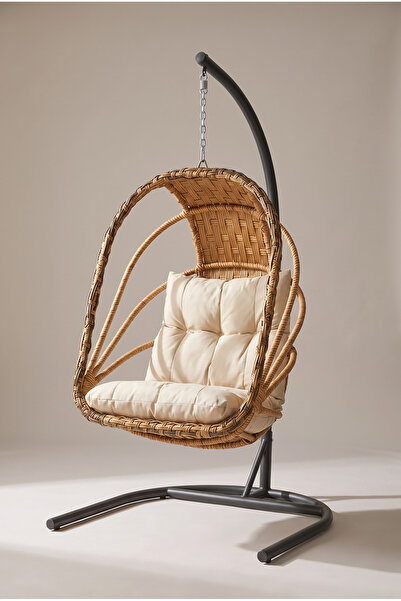 huteras Bahçe Salıncağı Tek Kişilik Rattan Açık Kahve Krem Minderli Ayaklı As...