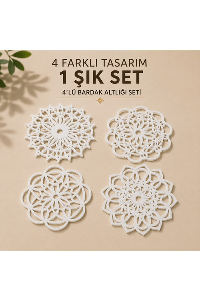 3Devat Mandala Bardak Altlığı 4lü Set - 4 Farklı Desen Dantel Oyma Beyaz 3D B...