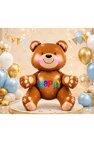 Parti Dükkanı 77X70 cm Large Size Cute Brown Teddy Bear Happy Foil Balloon Bi...