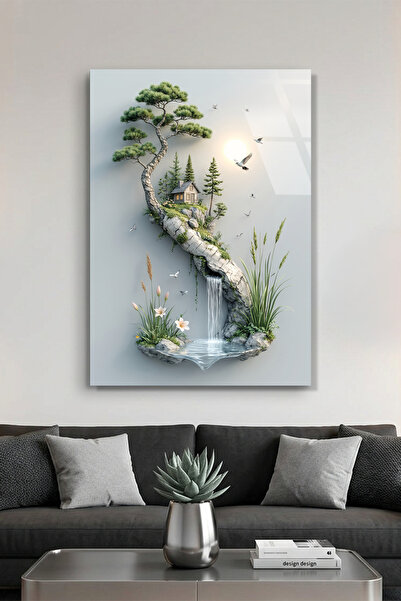 Vitraum Bonsai Ağacı Altında Küçük Dağ Evi ve Şelale İllüstrasyon Cam Tablo